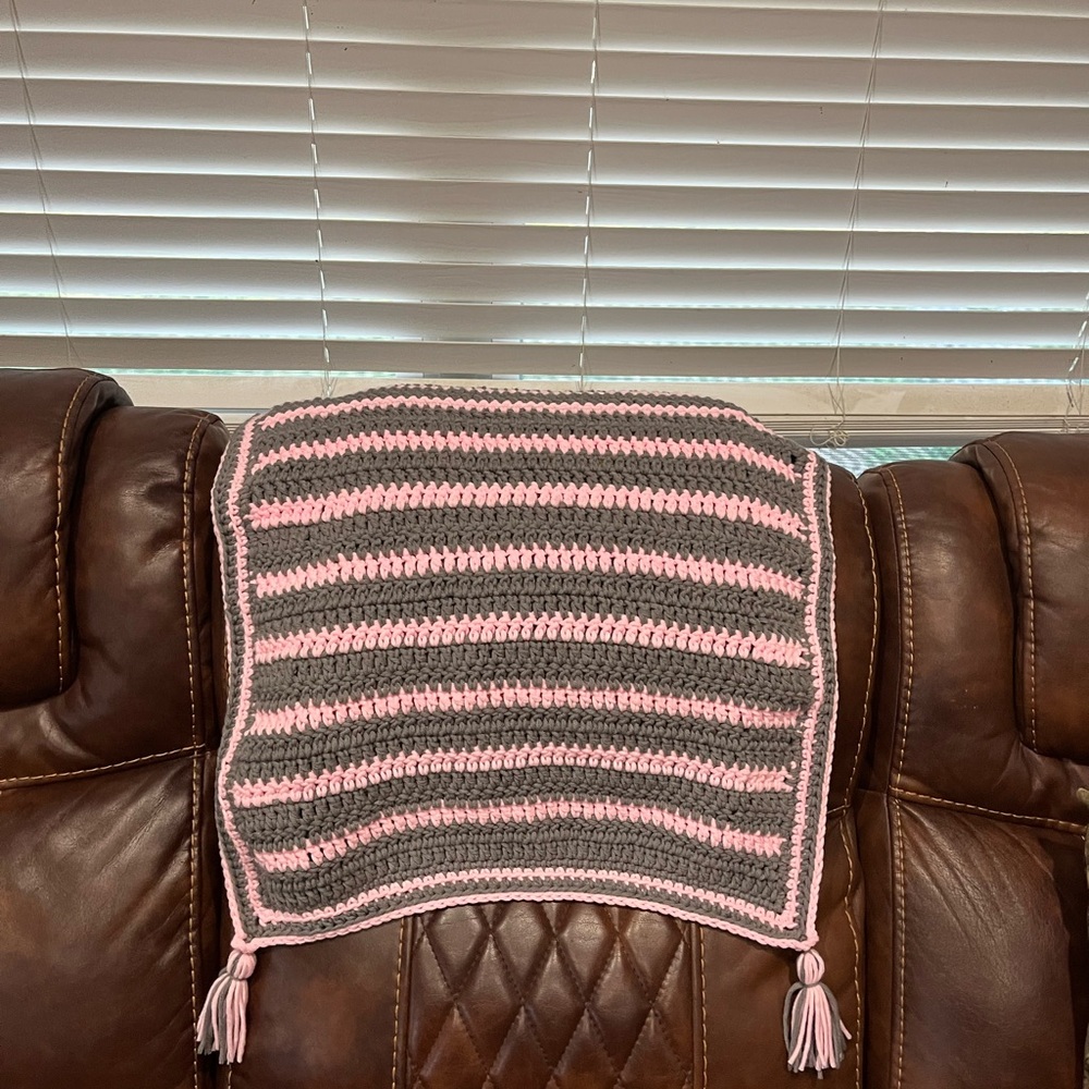 Cotton Pink and Gray Striped Crochet Blanket